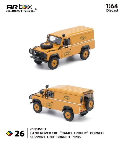 The Front of the Land Rover Defender 110 Camel Trophy Support Unit 1/64 Diecast Car by Almost Real