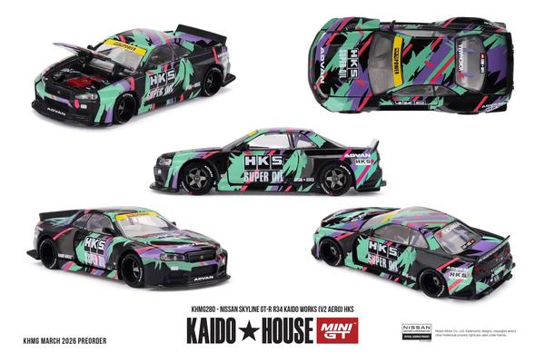 Picture of a Nissan Skyline GT-R (R34) Kaido Works V2 Aero HKS by diecast car manufacturer Kaido House
