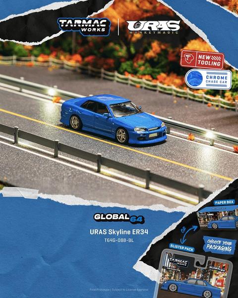 Pictrue of a URAS Skyline ER34 1/64 Diecast Car by Tarmac Works T64G-088-BL