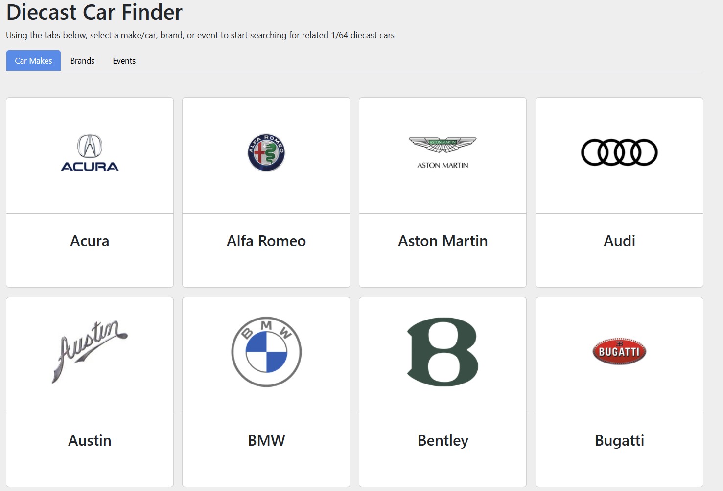 Picture of the car finder showing the different automotive makes you can search through.